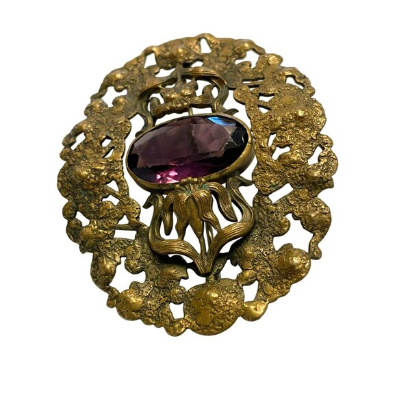 Victorian Brass Amethyst Purple Glass Sash Brooch Pin Art Nouveau 1800s - Picture 4 of 8
